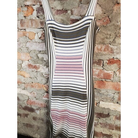 Elana Kattan EUNICE Sleeveless Paneled Fitted Striped Mid Calf Dress Womens Sz S - Picture 2 of 5
